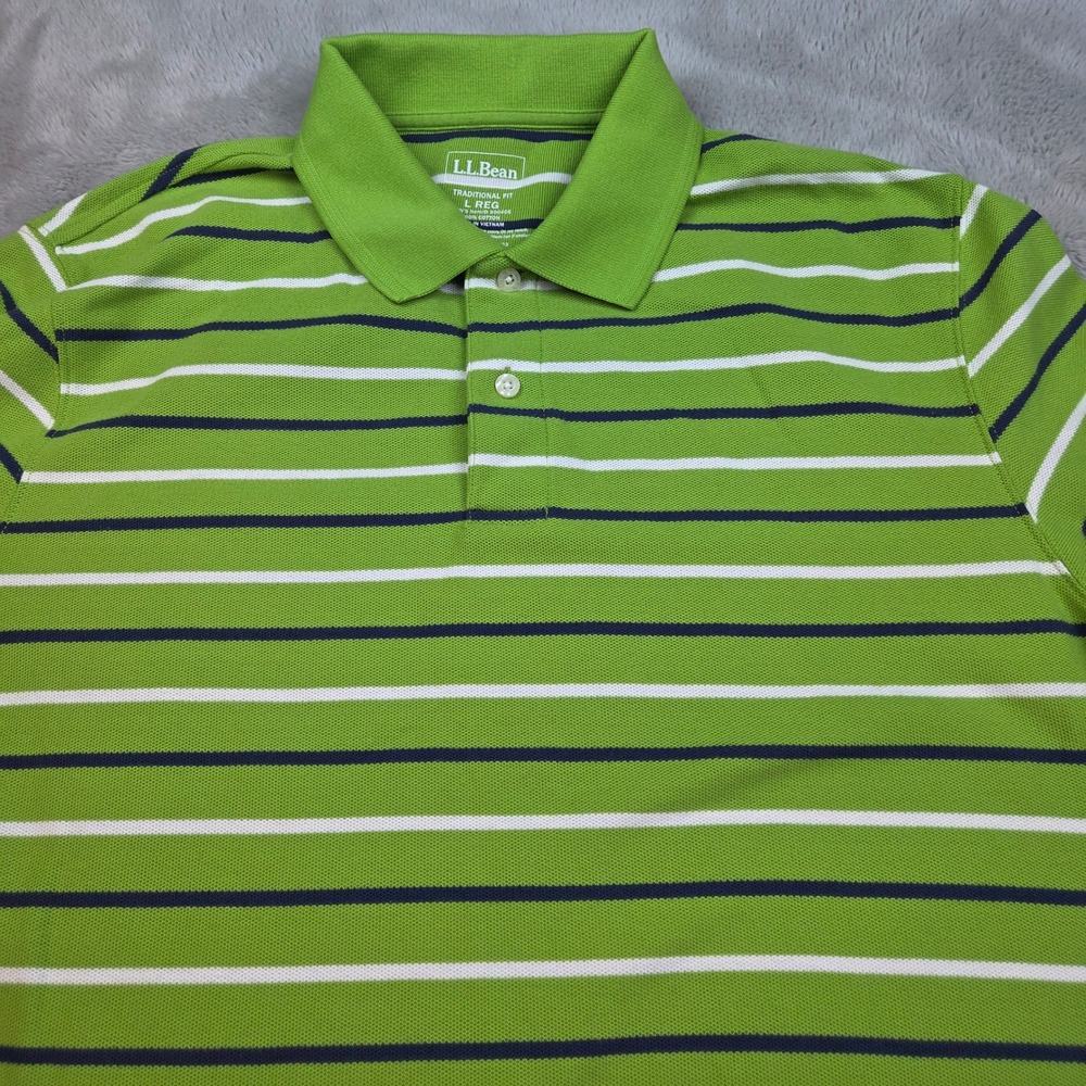 LL Bean Polo Shirt Men Large Green Navy White Striped Cotton 300456 Short Sleeve